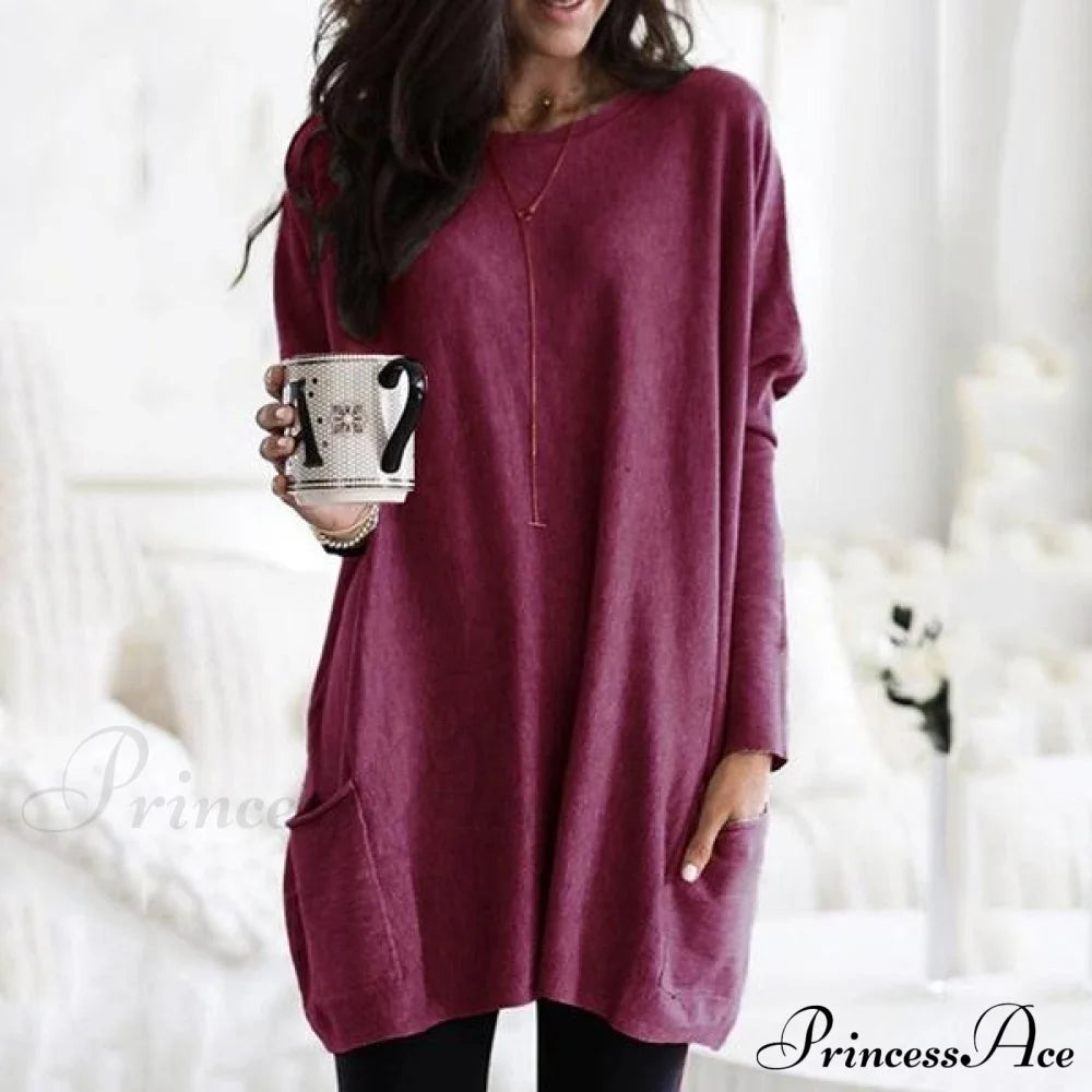 Women Long Sleeve Top Casual Pocket T-Shirt Wine Red __stock:50 clothes refund_fee:1200 tops