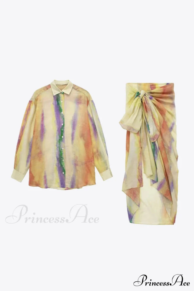 Tie-Dye Long Sleeve Shirt and Tied Skirt Set Multicolor 2 pieces clothes Dragon-L long sleeve shirts long sleeve top long sleeve tops midi skirts set sets Ship From Overseas Shipping Delay 10/01/2023 - 10/03/2023 shirt shirts skirt skirts top tops