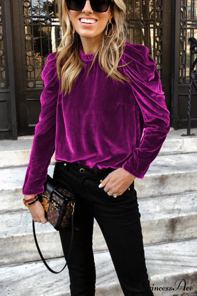 Women's velvet puff long sleeve temperament top Rose clothes long sleeve shirt long sleeve shirts long sleeve top long sleeve tops shirt shirts tops