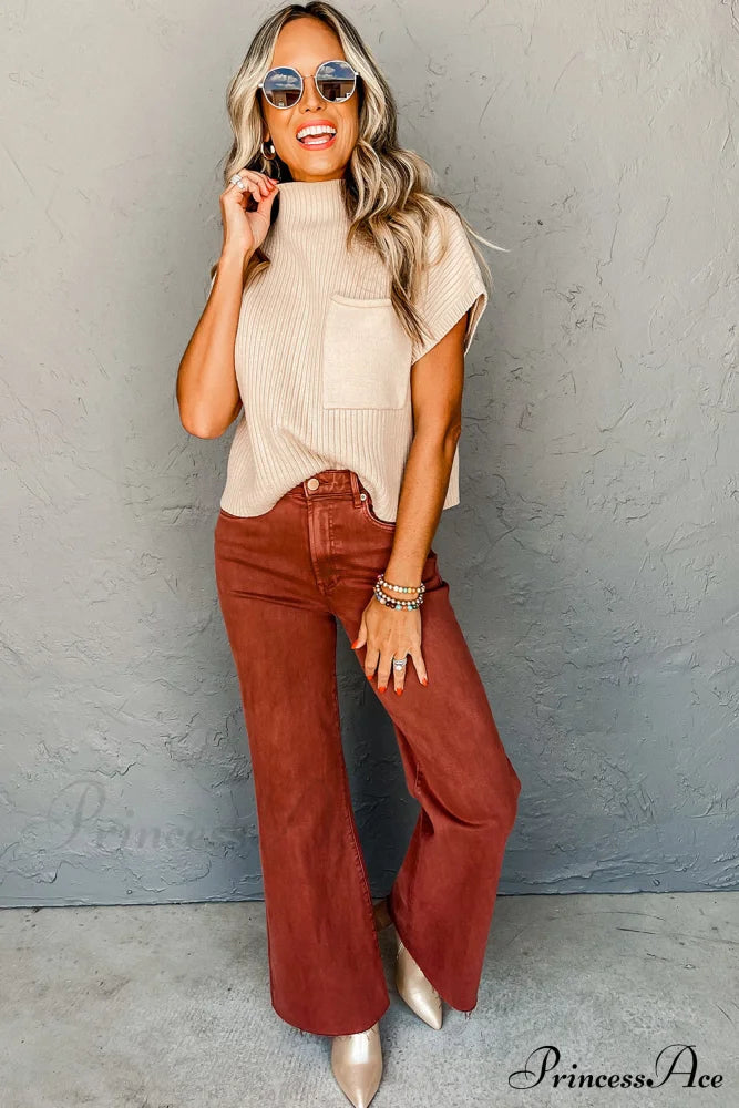 Arm Oatmeal Brief Knit Patch Ribbed With Sweater Pocket Sweaters-L