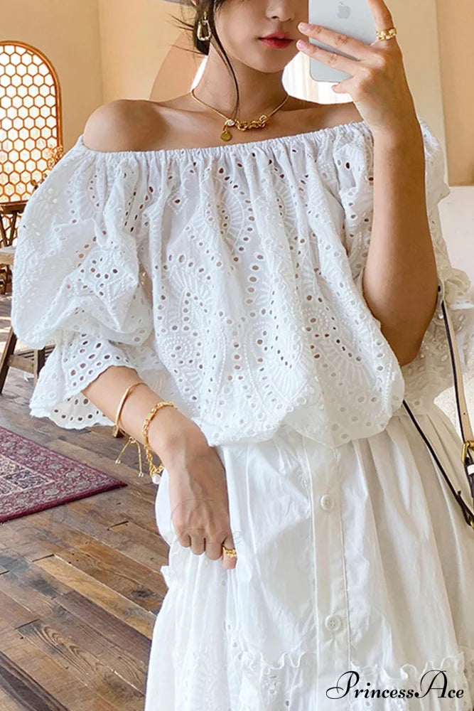 Arm Puff With Lace White Top Embroidery Blouses