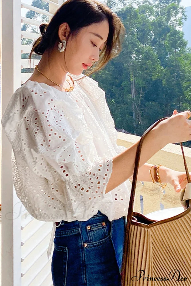 Arm Puff With Lace White Top Embroidery Blouses