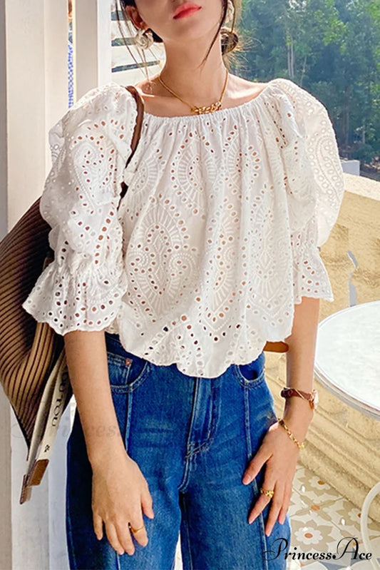 Arm Puff With Lace White Top Embroidery / M Blouses