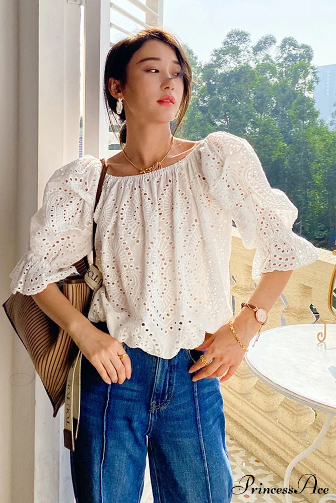 Arm Puff With Lace White Top Embroidery / S Blouses