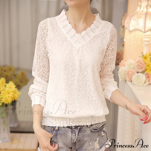 Arm Size Temperament Women’s Autumn 1066 V-Neck Sweet Long Slim Bottom Blouse Lace Fit - 40