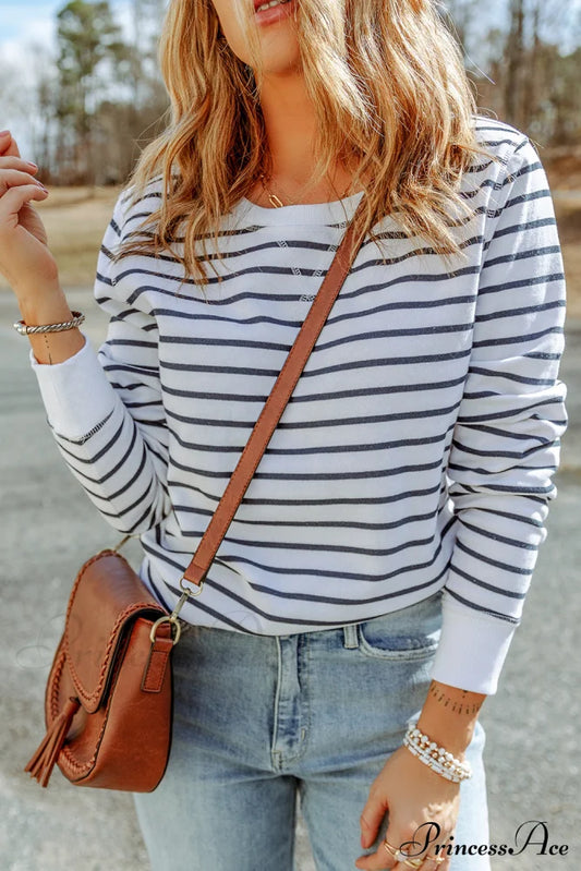 Striped Long Sleeve Round Neck Top Dark Gray clothes Ship From Overseas shirt SYNZ top trend