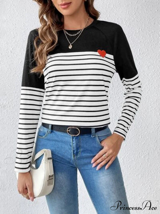 Heart Patch Striped Round Neck Long Sleeve T-Shirt Black Clothes long sleeve shirts long sleeve top long sleeve tops Ship From Overseas shirts top tops Tops/Blouses Z@Q