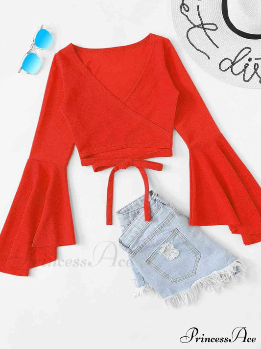 Tied Flare Sleeve Crop Top Red Orange clothes crop top crop tops croptop long sleeve long sleeve shirt long sleeve shirts long sleeve top Ship From Overseas Shipping Delay 09/29/2023 - 10/03/2023 shirt shirts top tops Z@Q