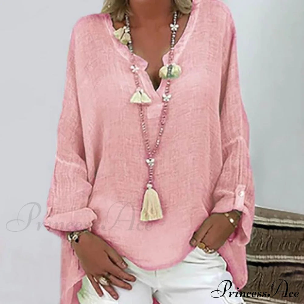 Women's Solid Colored Long Sleeve Button V Neck Basic Top Pink __stock:200 clothes refund_fee:800 tops