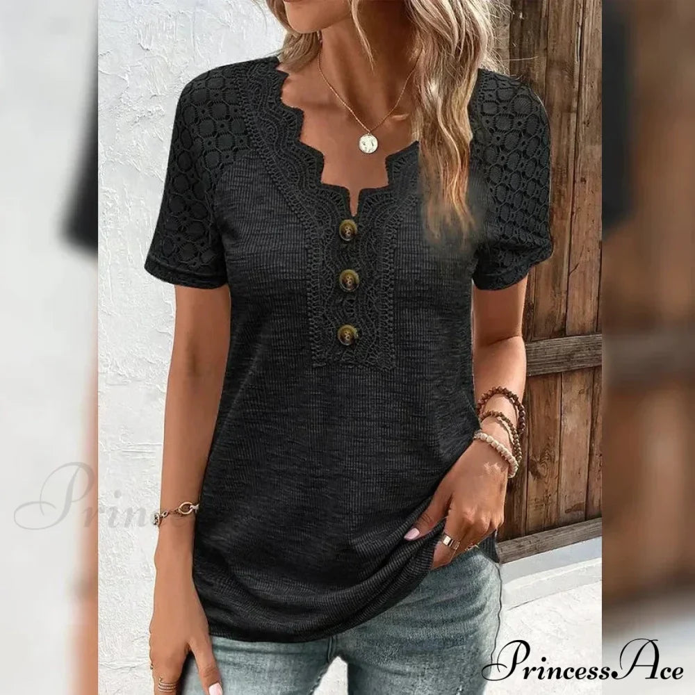 Women's T-Shirt Plain Lace Button Short Sleeve Black clothes refund_fee:1200 tops