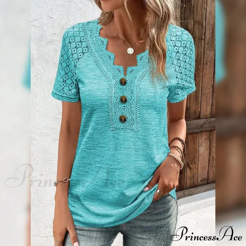 Women's T-Shirt Plain Lace Button Short Sleeve Blue clothes refund_fee:1200 tops