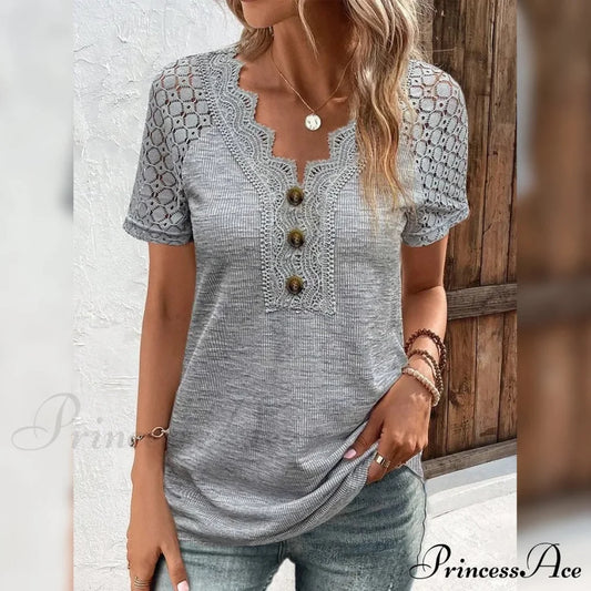 Women's T-Shirt Plain Lace Button Short Sleeve Gray clothes refund_fee:1200 tops