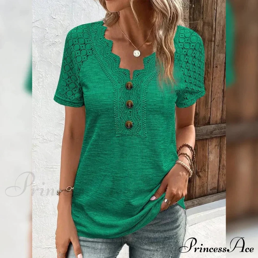 Women's T-Shirt Plain Lace Button Short Sleeve Green clothes refund_fee:1200 tops