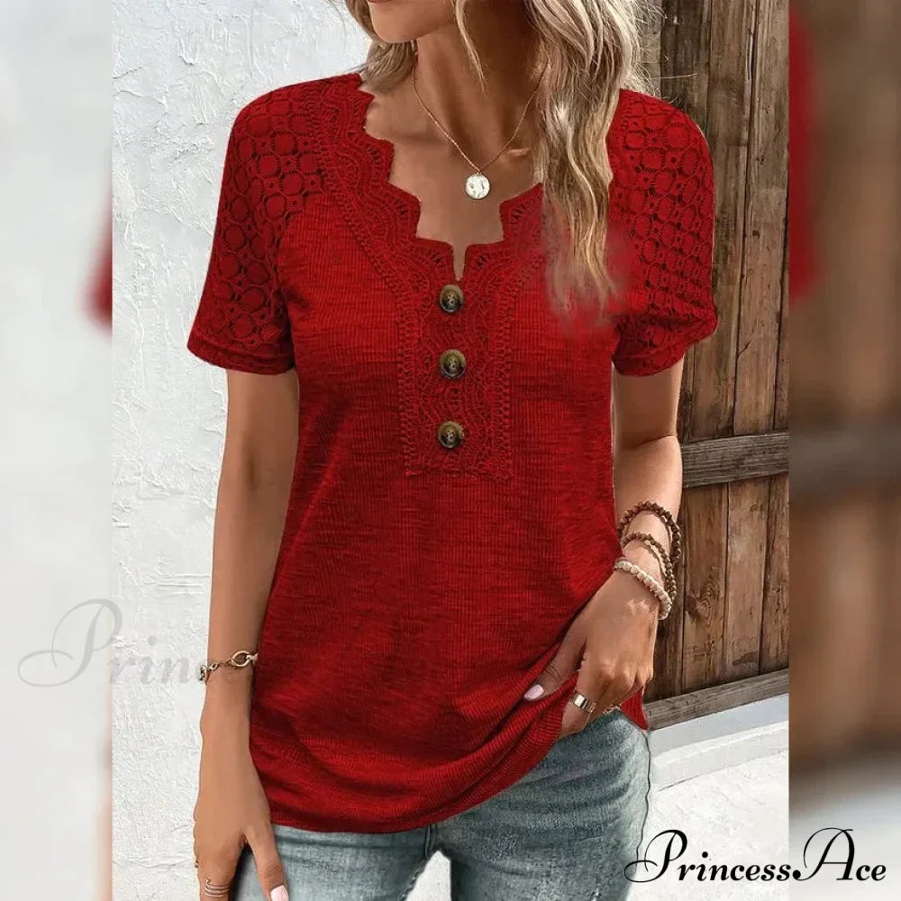 Women's T-Shirt Plain Lace Button Short Sleeve Red clothes refund_fee:1200 tops