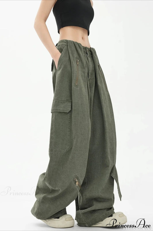 Army Green Parachute High Waist Loose Cargo Pants