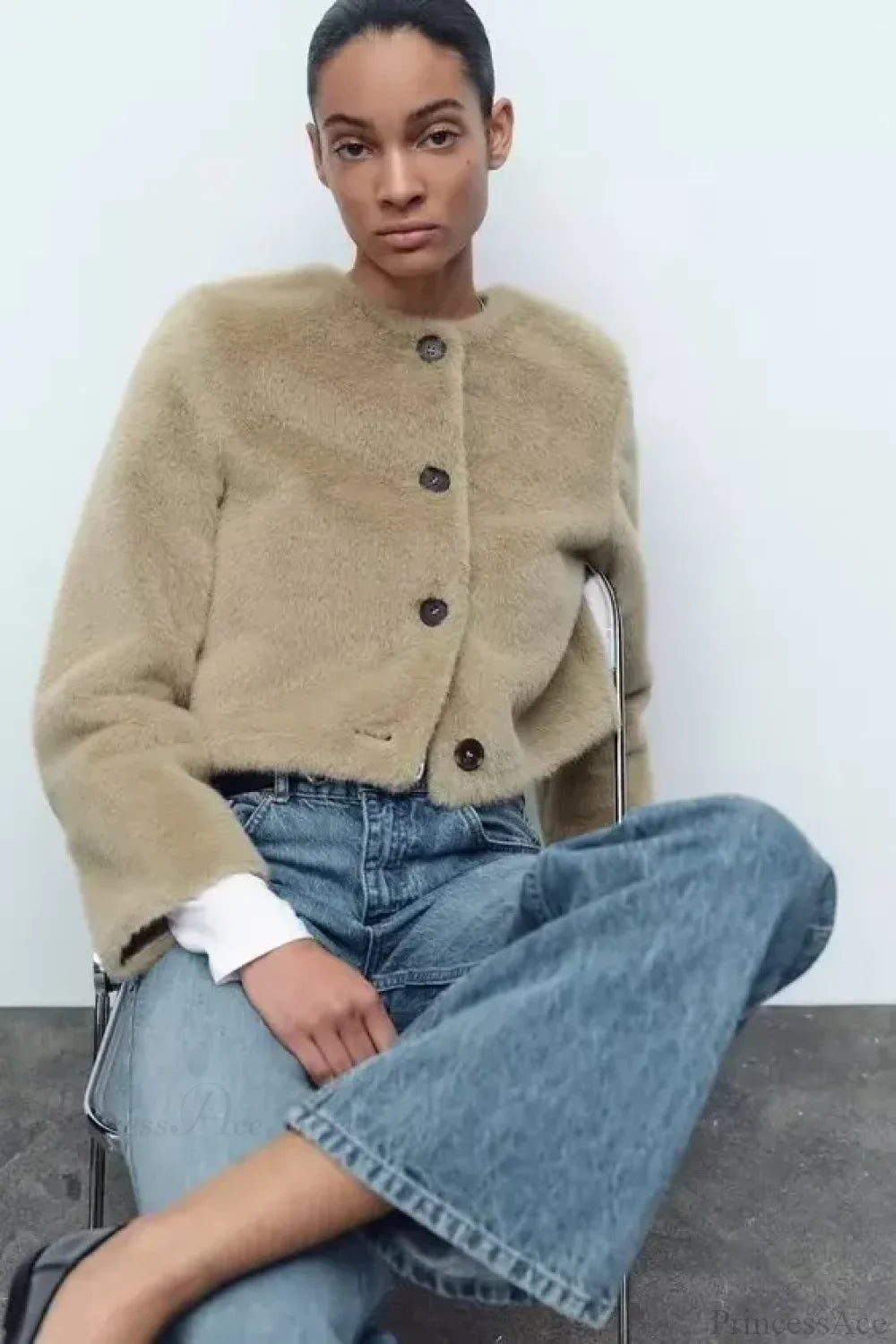 Artificial Fur Short Jacket Knit Cardigan Khaki / XS