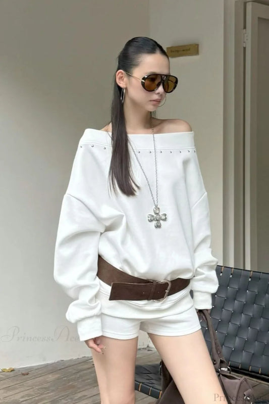 Asym Off-Shoulder Rivet Loose Sweatshirt White / One Size