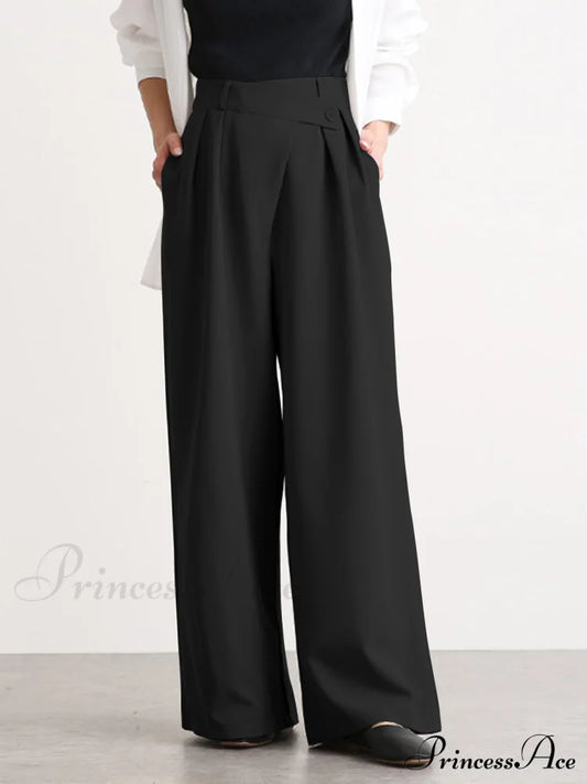 Asymmetric Buttoned Wide Trendy Leg Dress Pants Black / S