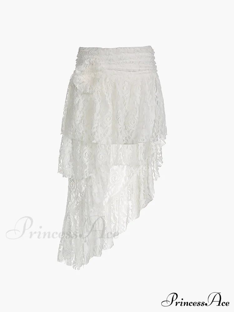 Asymmetric Flower Lace Trendy Ruffles Pleated Long Skirt Skirts