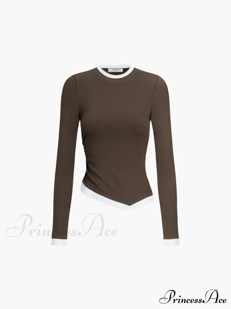 Asymmetric Hem Contrast Trendy Trim Long Sleeve Shirt Brown / Xs T-Shirts