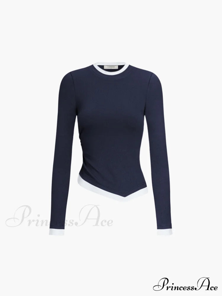 Asymmetric Hem Contrast Trendy Trim Long Sleeve Shirt Navy / Xs T-Shirts