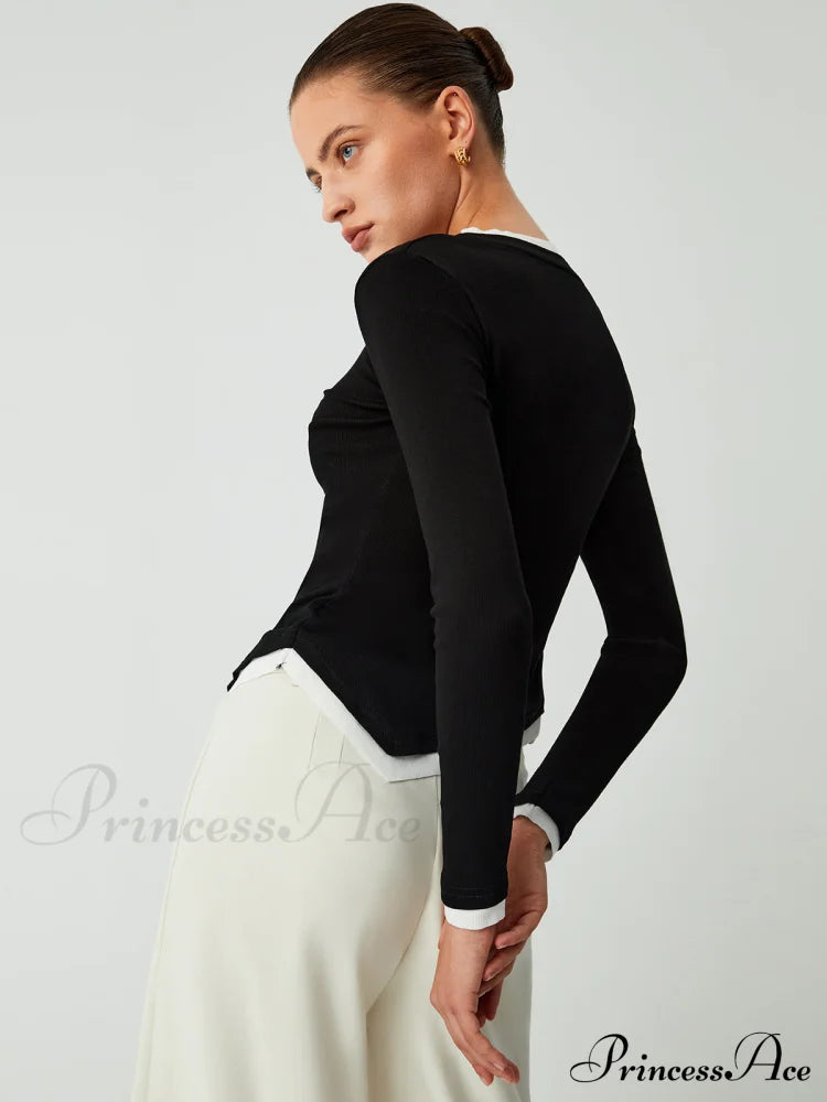 Asymmetric Hem Contrast Trendy Trim Long Sleeve Shirt T-Shirts