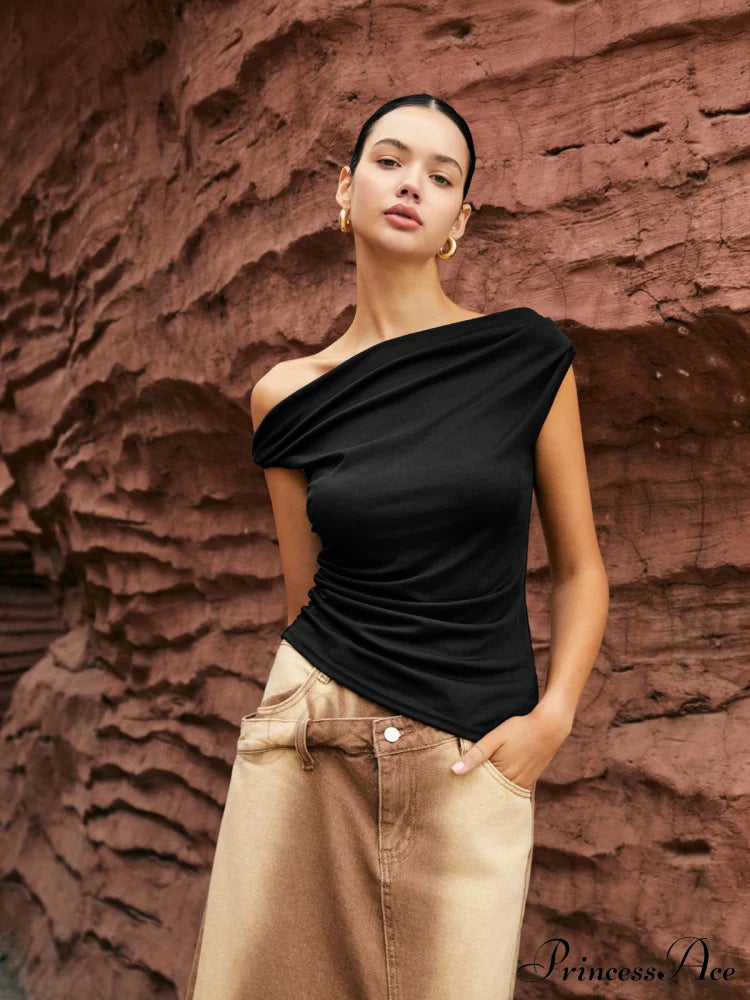 Asymmetric Knotted Graceful One-Shoulder Top Black / Xs T-Shirts