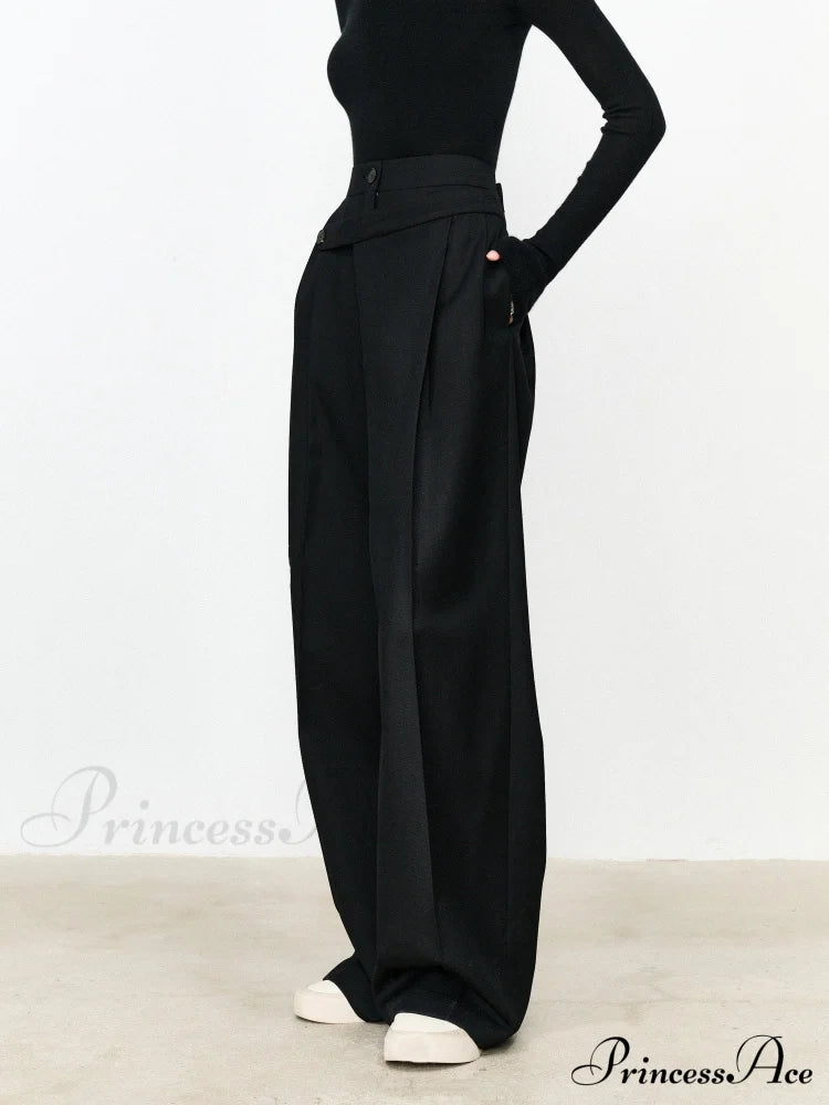 Asymmetric Layer Button Trendy Straight Leg Dress Pants