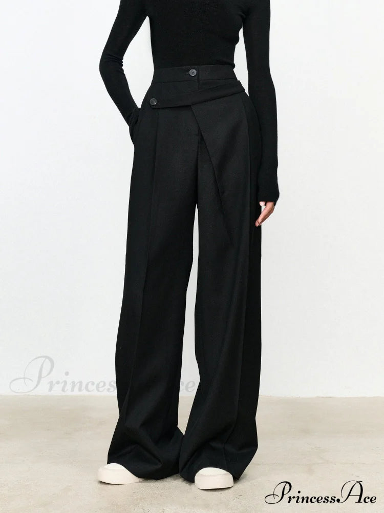 Asymmetric Layer Button Trendy Straight Leg Dress Pants