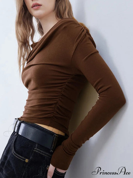 Asymmetric Neckline Ruched Trendy Long Sleeve Shirt T-Shirts