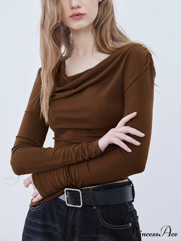 Asymmetric Neckline Ruched Trendy Long Sleeve Shirt T-Shirts