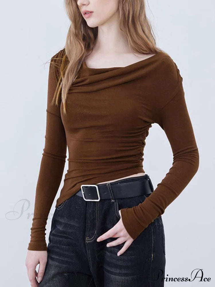 Asymmetric Neckline Ruched Trendy Long Sleeve Shirt T-Shirts