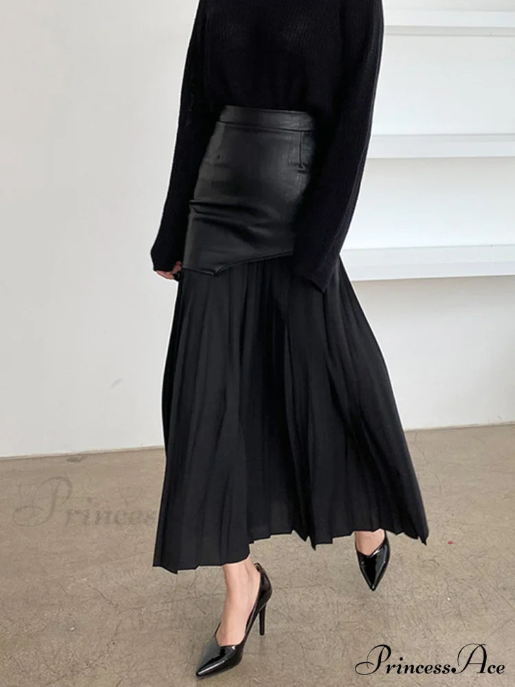 Asymmetric Patchwork Faux Leather Modern Chiffon Pleated Midi Skirt Black / Xs Skirts