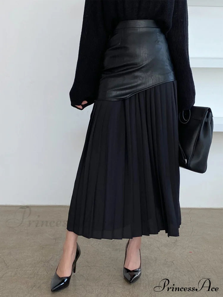 Asymmetric Patchwork Faux Leather Modern Chiffon Pleated Midi Skirt Skirts