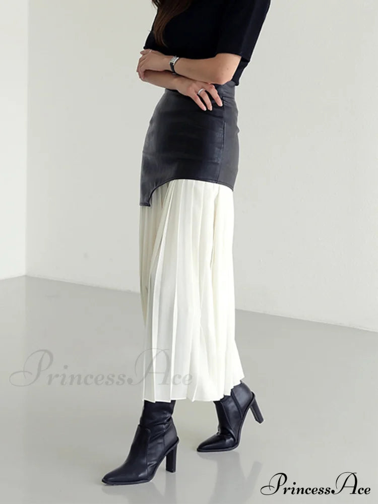 Asymmetric Patchwork Faux Leather Modern Chiffon Pleated Midi Skirt Skirts