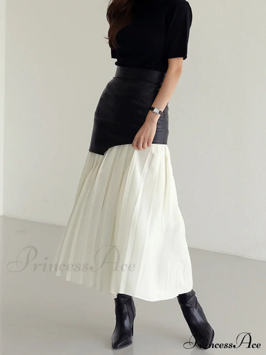 Asymmetric Patchwork Faux Leather Modern Chiffon Pleated Midi Skirt Skirts