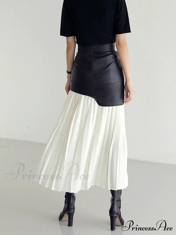 Asymmetric Patchwork Faux Leather Modern Chiffon Pleated Midi Skirt Skirts