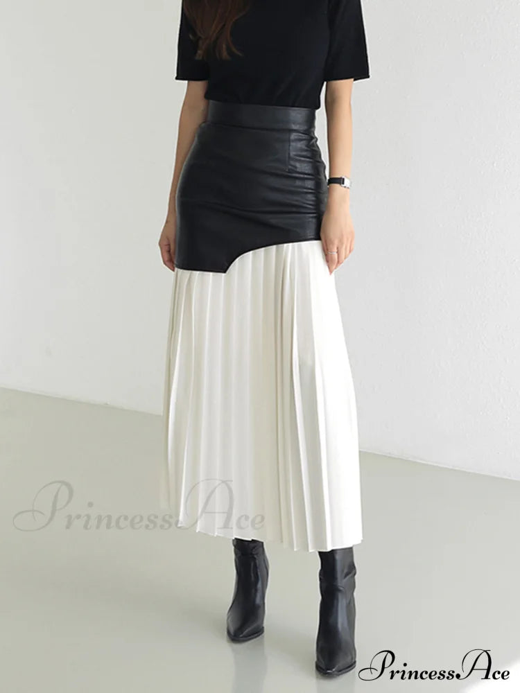 Asymmetric Patchwork Faux Leather Modern Chiffon Pleated Midi Skirt White / Xs Skirts