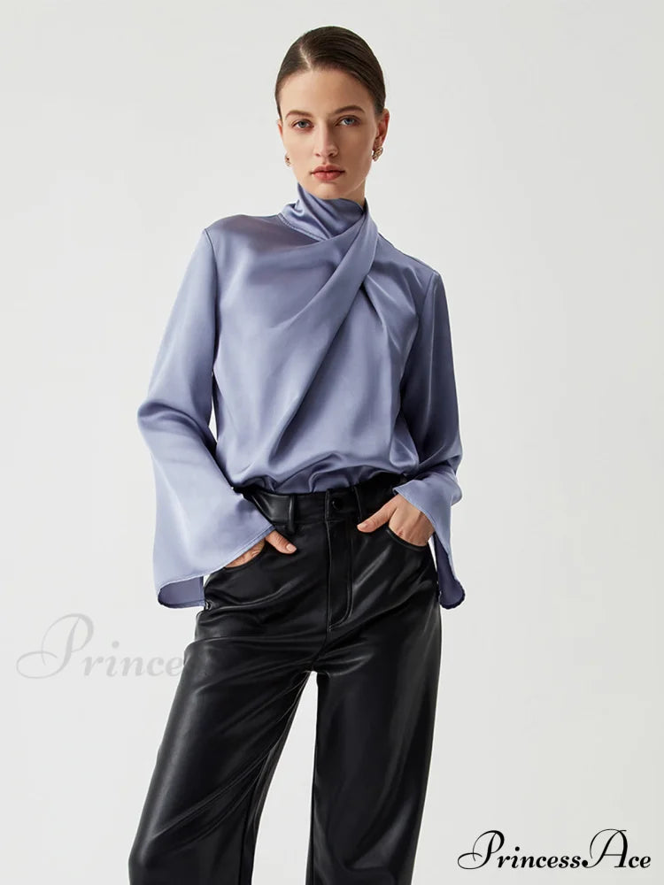 Asymmetric Pleated Graceful Turtleneck Satin Shirt Grey / Xs Shirts