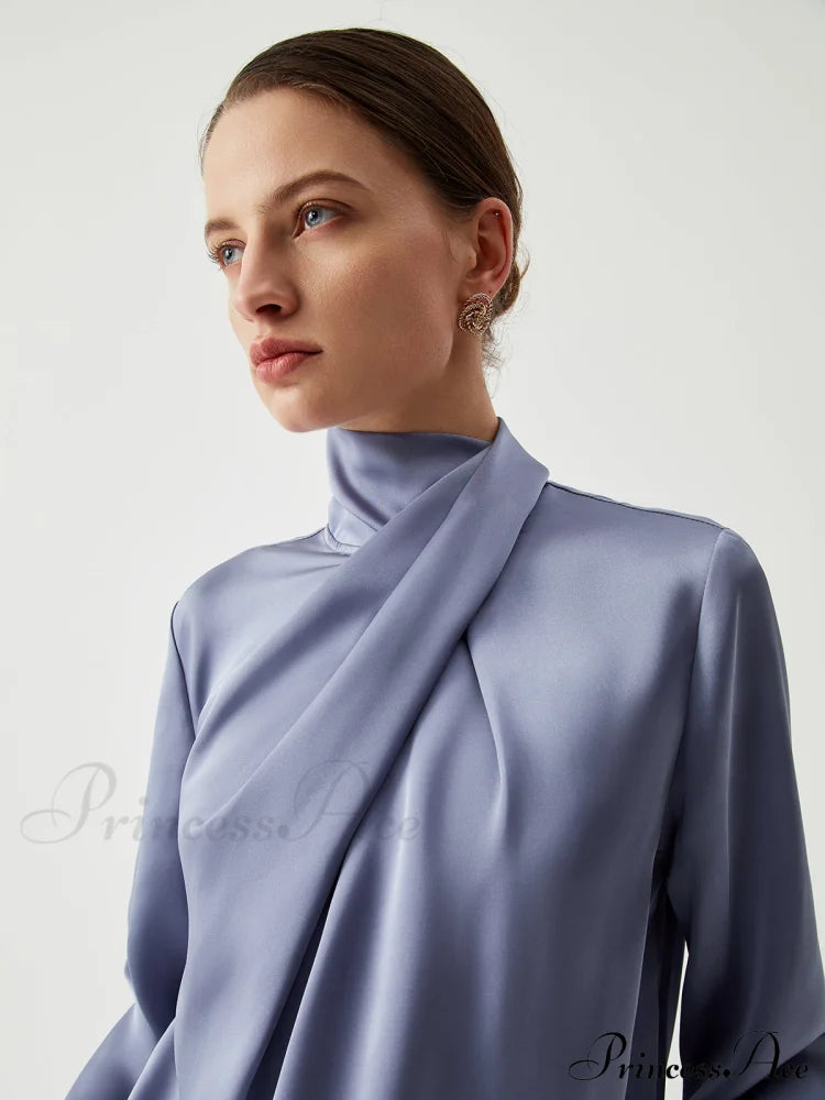 Asymmetric Pleated Graceful Turtleneck Satin Shirt Shirts