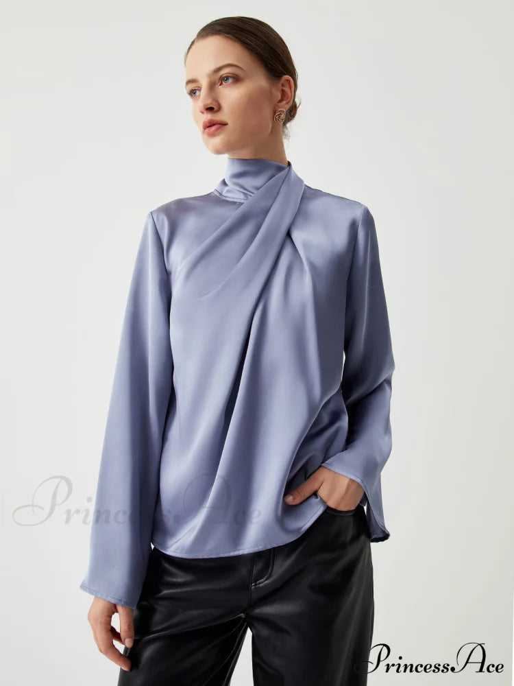 Asymmetric Pleated Graceful Turtleneck Satin Shirt Shirts