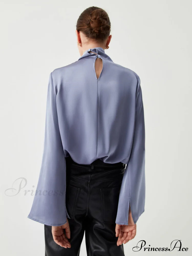 Asymmetric Pleated Graceful Turtleneck Satin Shirt Shirts