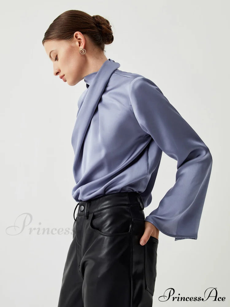 Asymmetric Pleated Graceful Turtleneck Satin Shirt Shirts