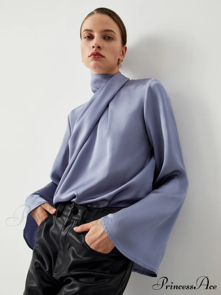 Asymmetric Pleated Graceful Turtleneck Satin Shirt Shirts