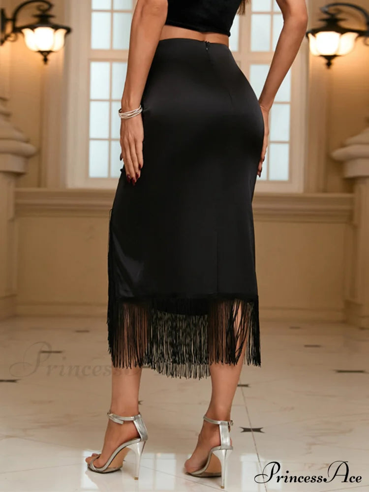 Asymmetric Satin Fringe Trendy Trim Ruched Midi Skirts