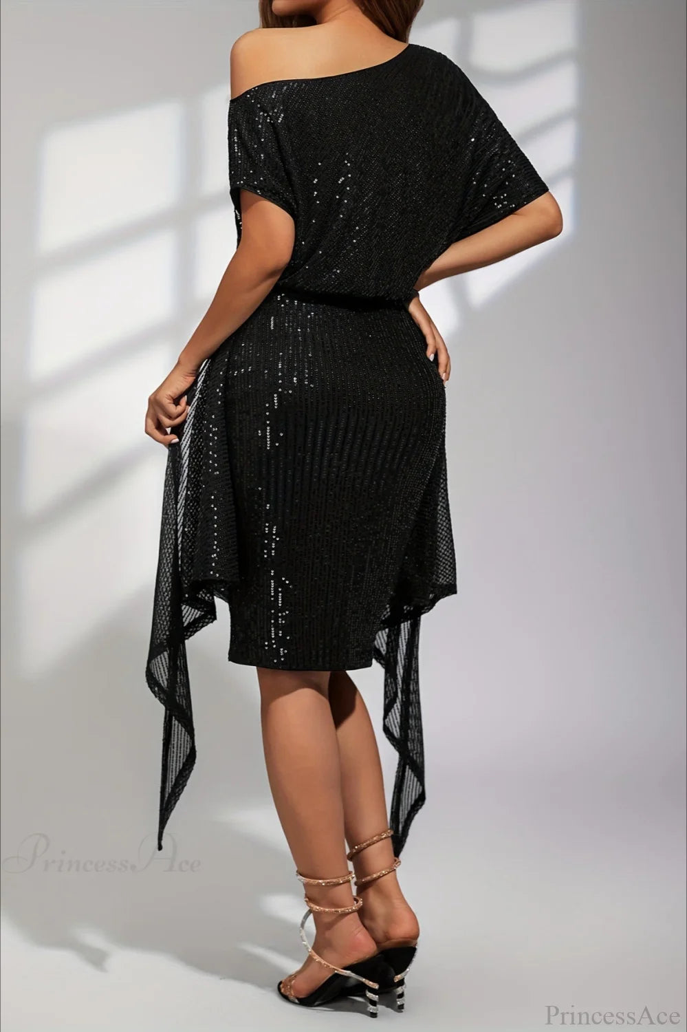 Asymmetric Shoulder Sequined Fitted Irregular Mini Dress