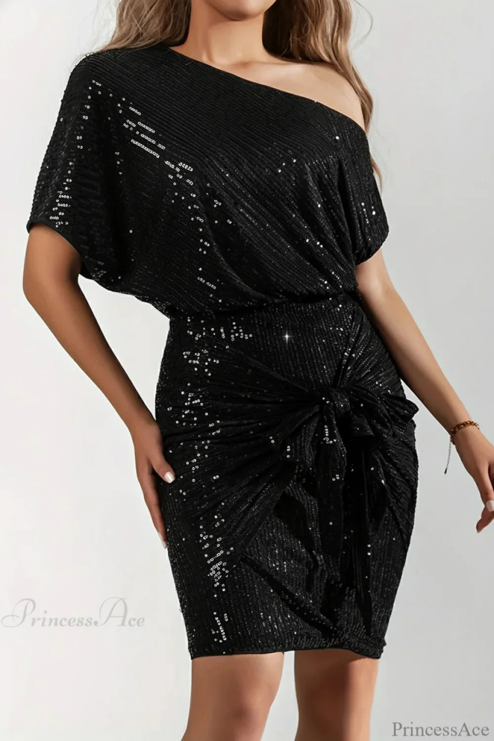 Asymmetric Shoulder Sequined Fitted Irregular Mini Dress Black / S