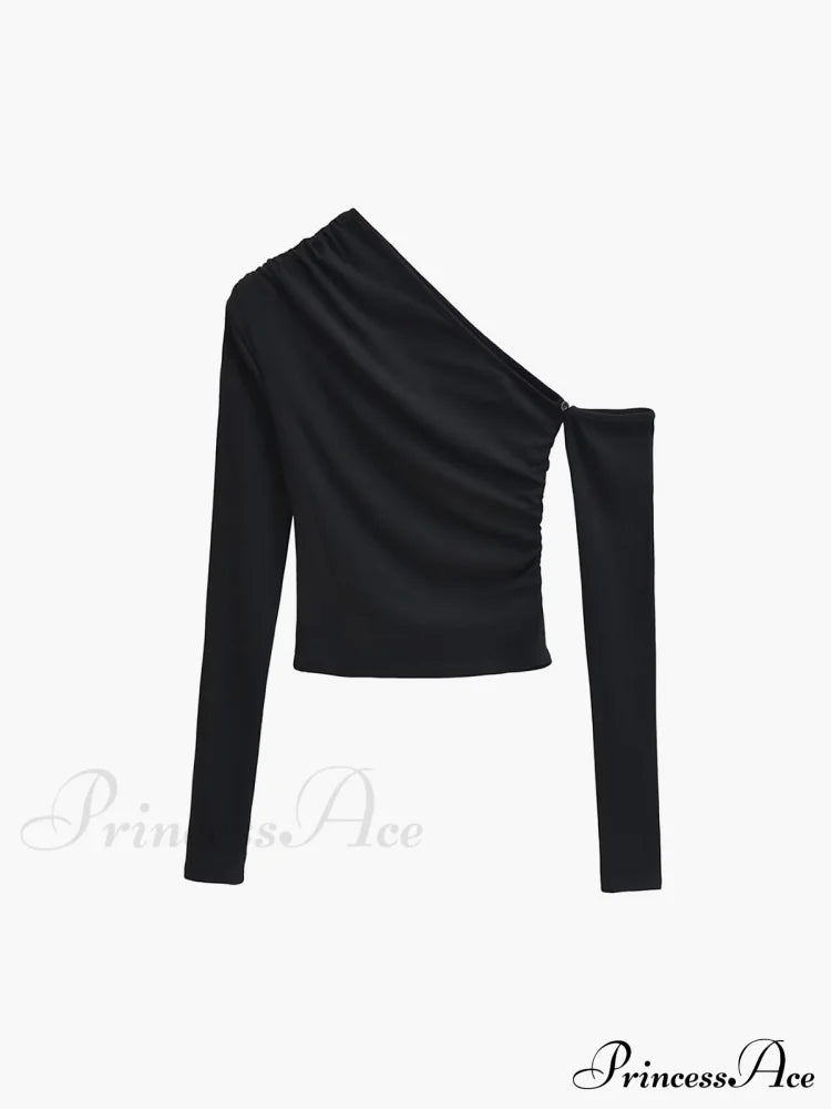 Asymmetric Sleeve Graceful Ruched Crop Shirt Black / Xs T-Shirts