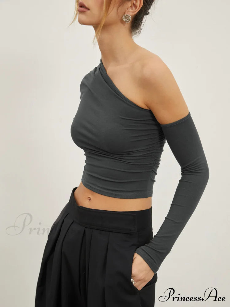 Asymmetric Sleeve Graceful Ruched Crop Shirt Grey / Xs T-Shirts