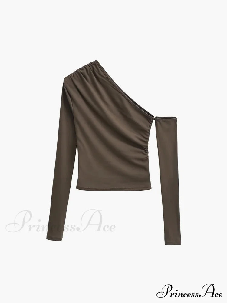 Asymmetric Sleeve Graceful Ruched Crop Shirt Light Brown / Xs T-Shirts